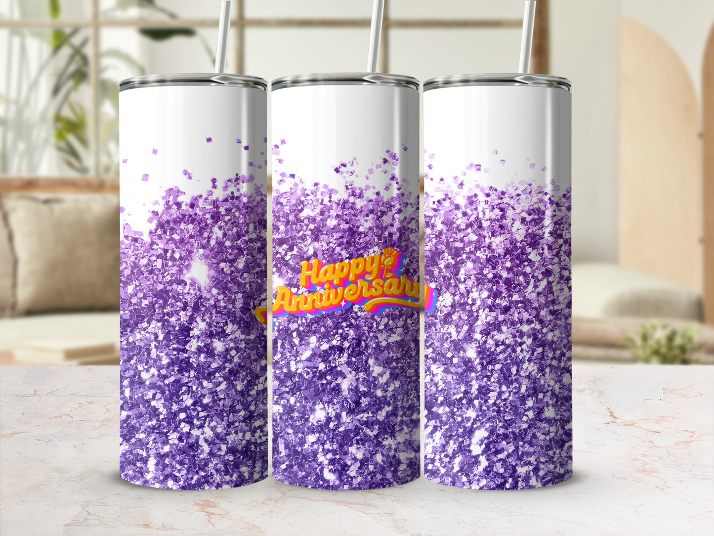 Purple glitter tumbler with "Happy Anniversary" text.