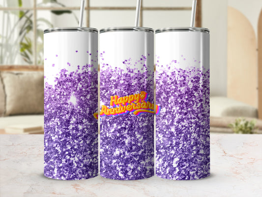 Purple glitter tumbler with "Happy Anniversary" text.