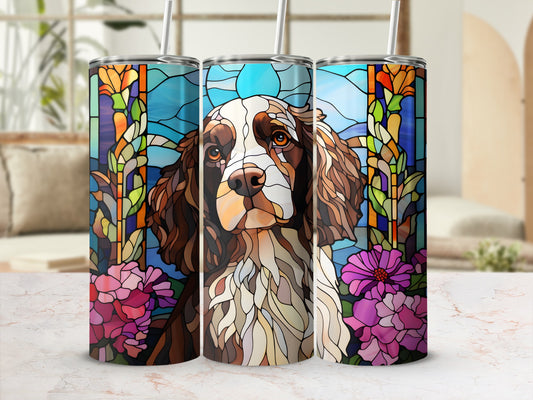 English Springer Spaniel portrait on stained glass and floral patterned tumbler.