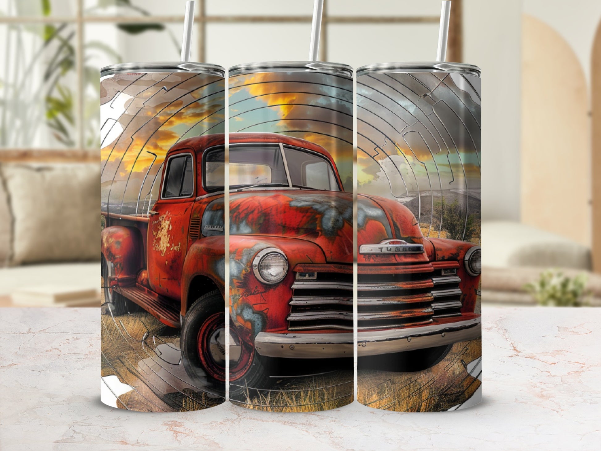 Rusty vintage Chevrolet truck with sunset landscape background.