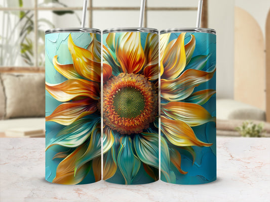 Three tall tumblers decorated with a close-up, stylized sunflower design.