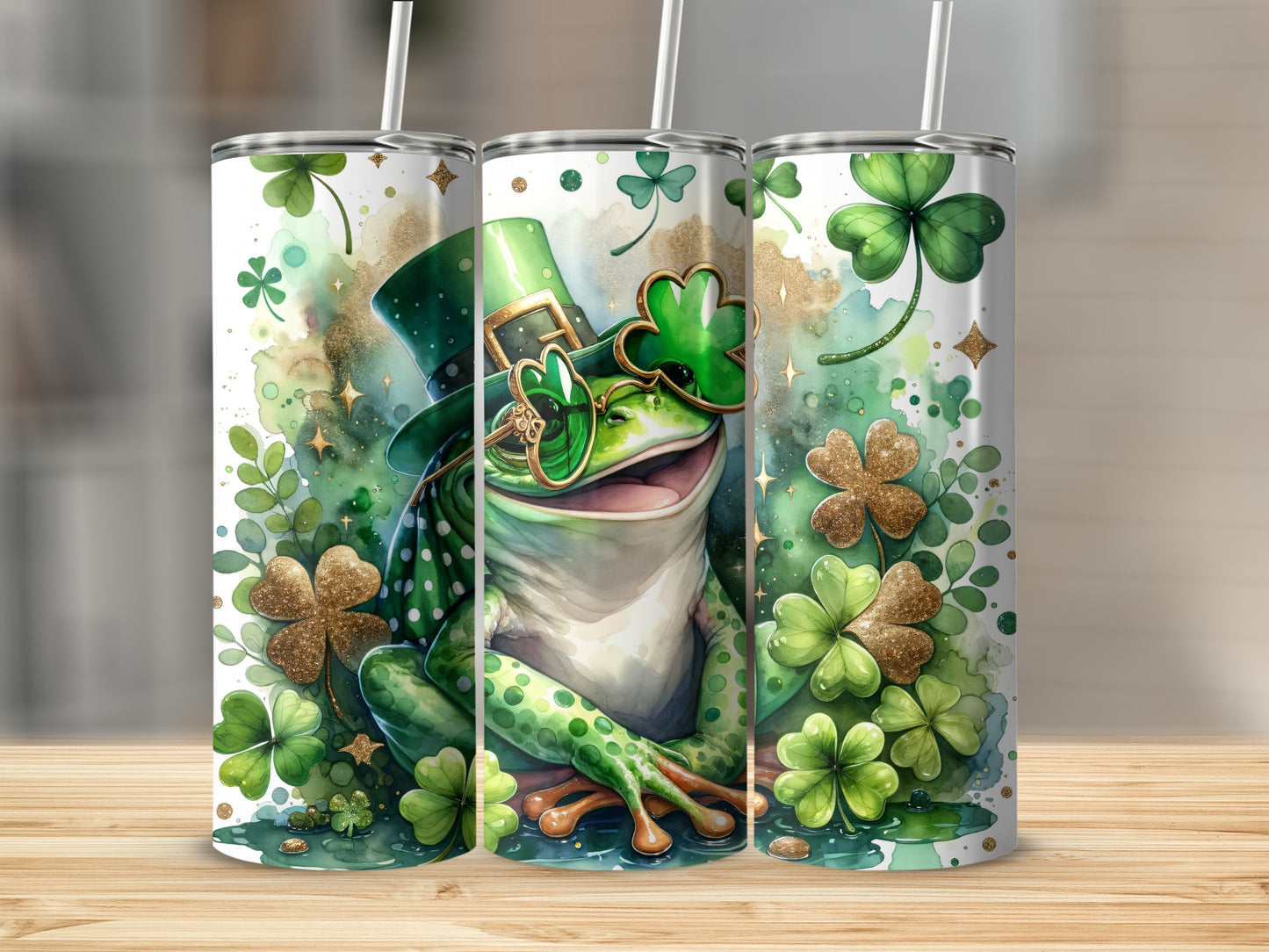 Frog in a hat and glasses with shamrocks on a tumbler.