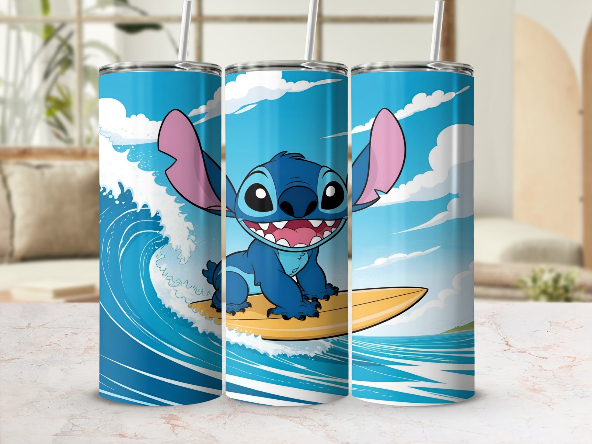 Tattooed alien Stitch on surfboard riding a wave, cartoon style.