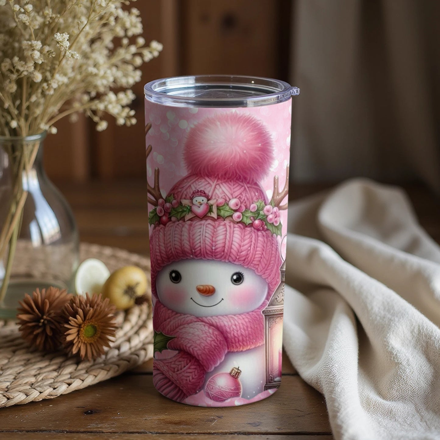 Cute Winter Snowman with Pink Hat Tumbler Cup