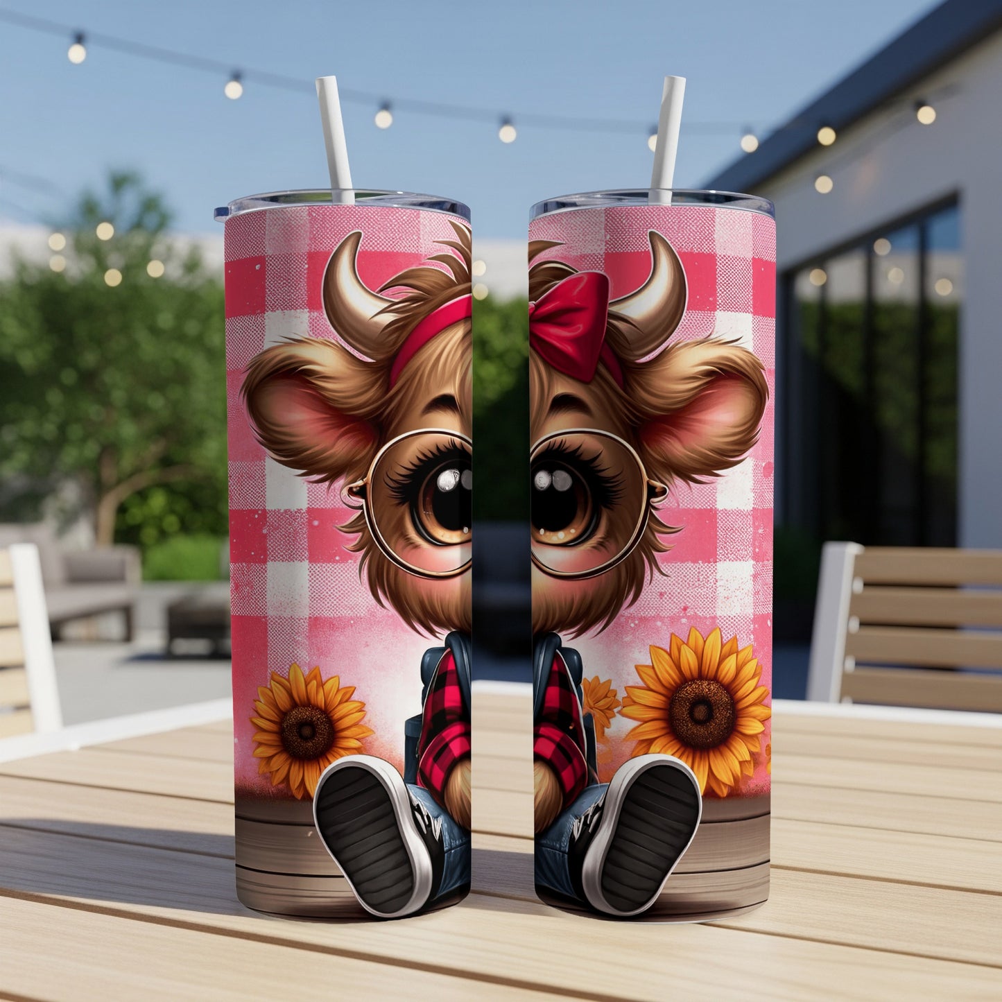 Cute cartoon cow with glasses and sunflowers on a tumbler.