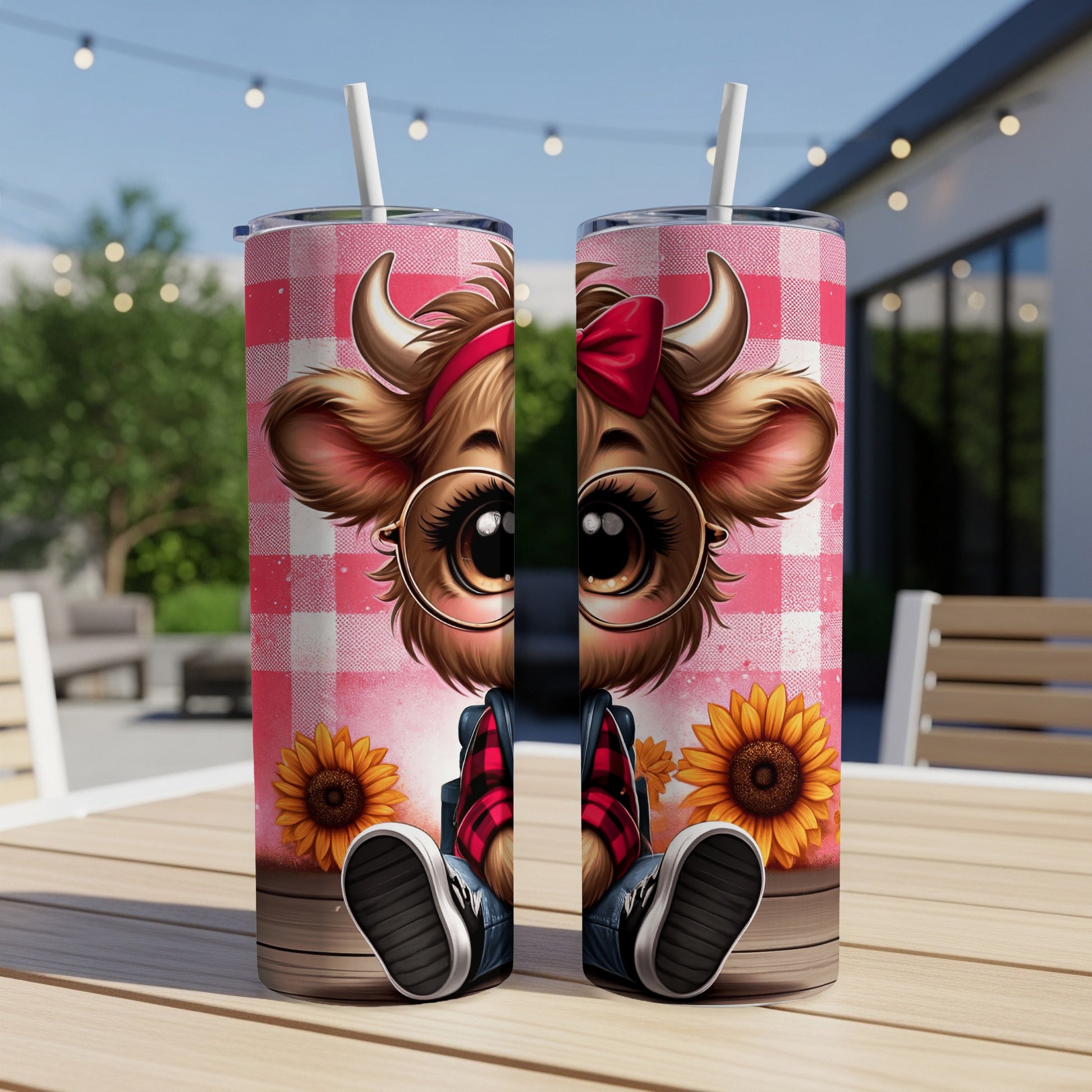 Cute cartoon cow with glasses and sunflowers on a tumbler.