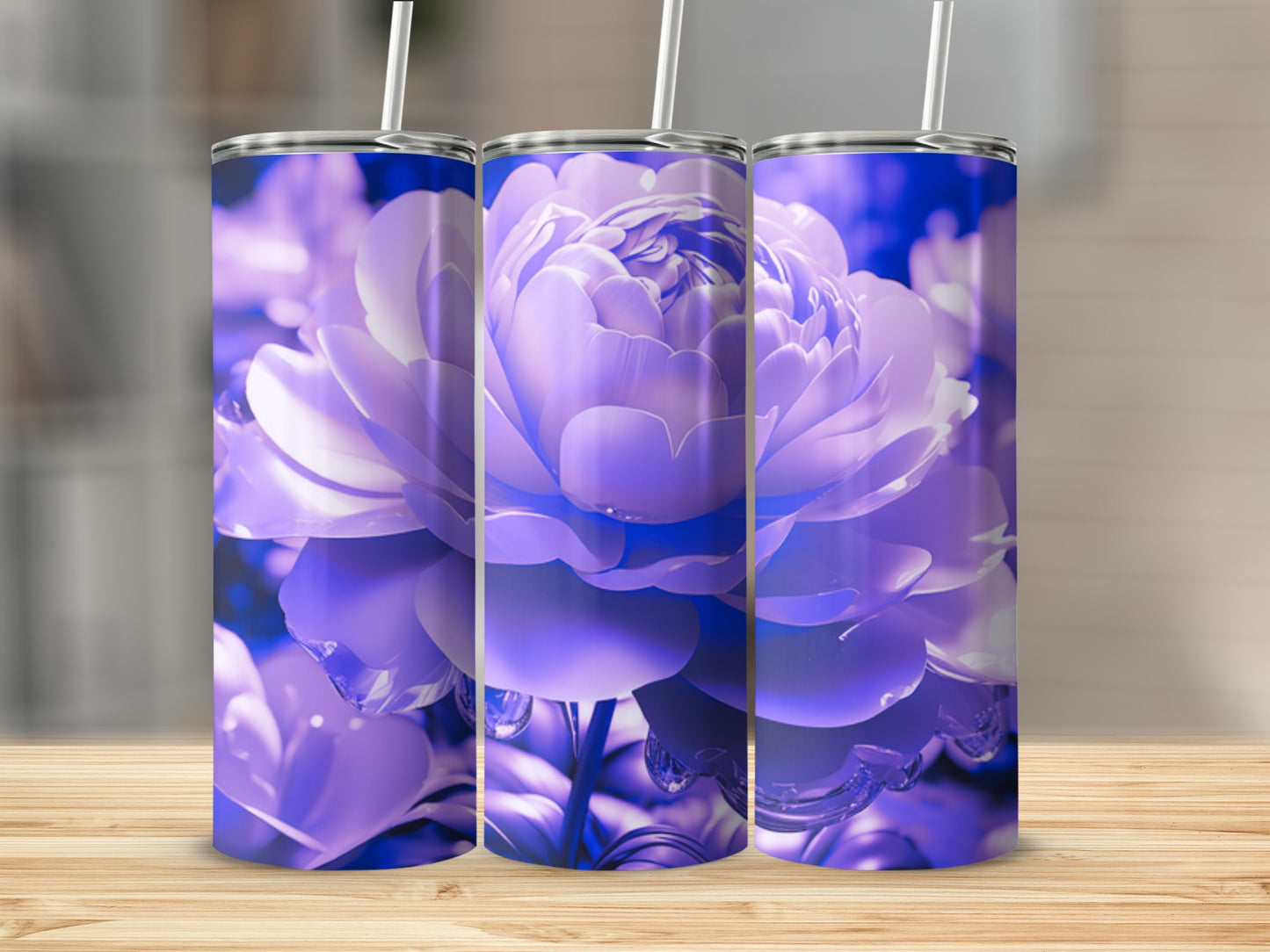 Three tumblers with a close-up purple floral design.