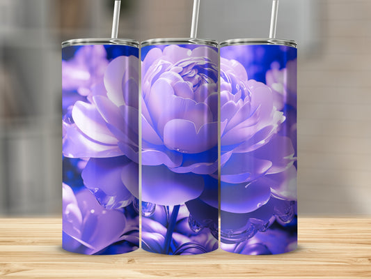 Three tumblers with a close-up purple floral design.