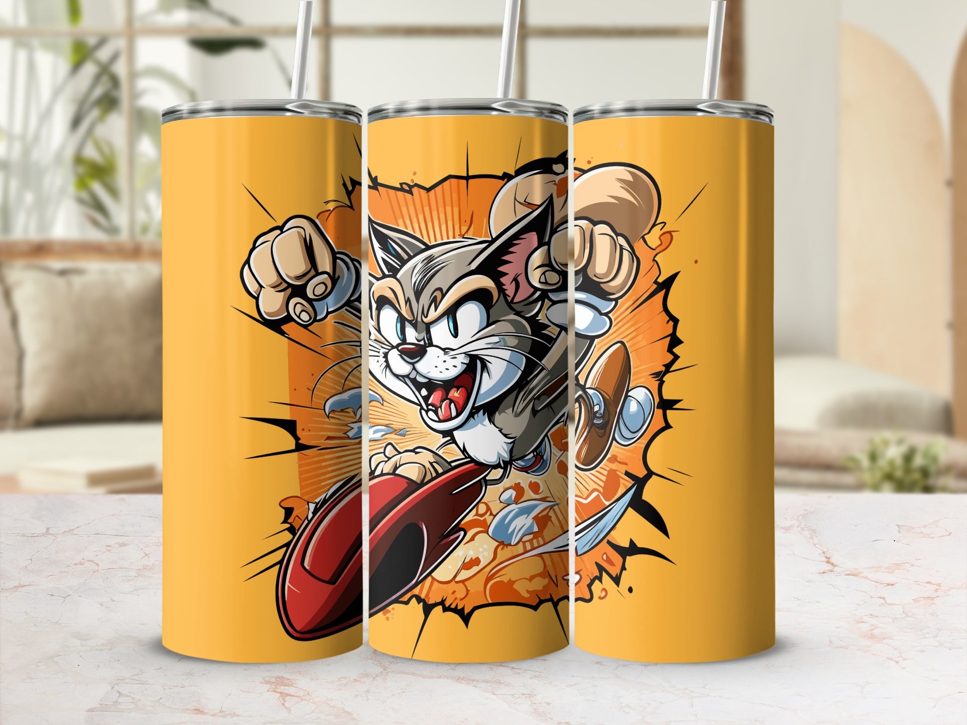 Fierce Cartoon Cat on Skateboard Tumbler