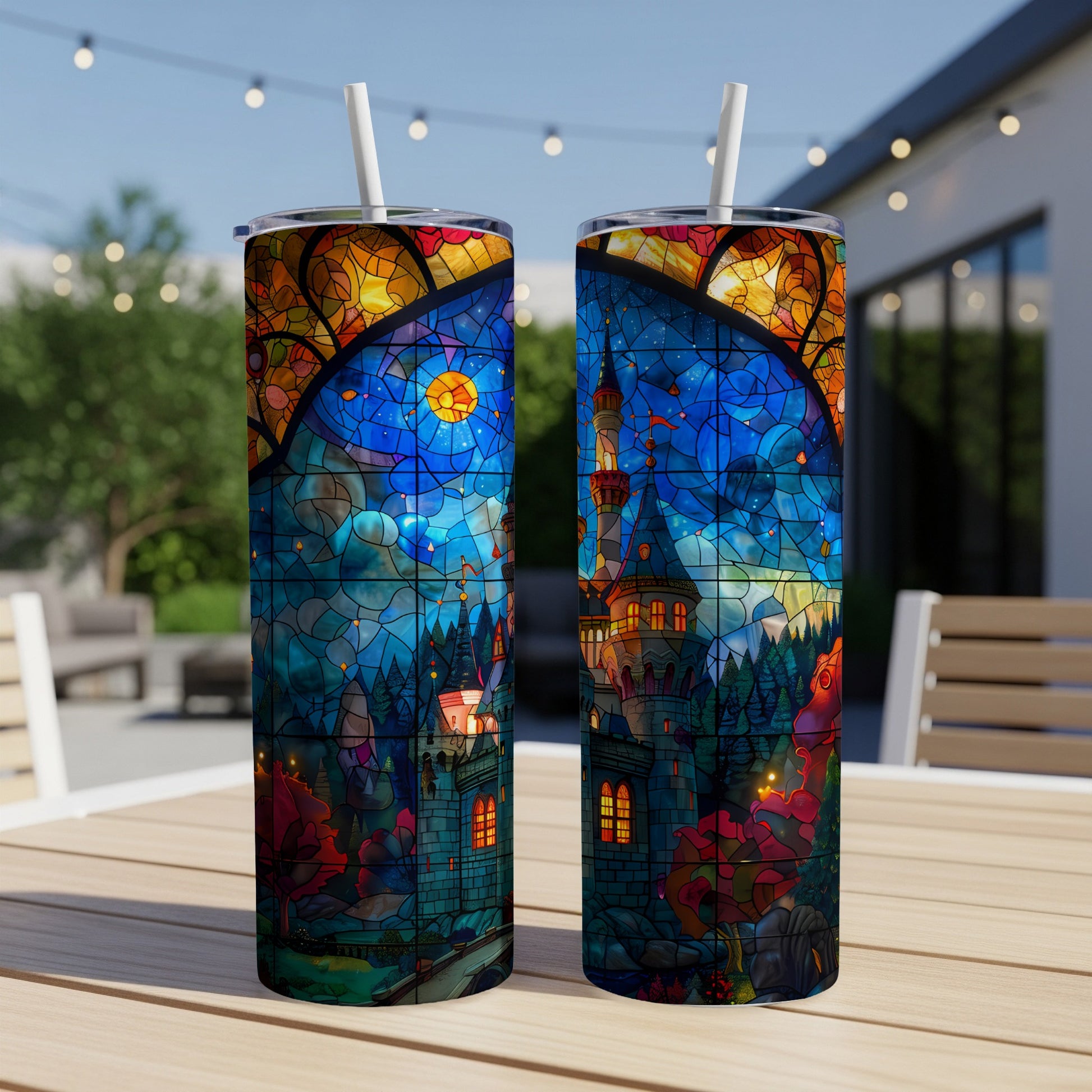 Stained glass castle design on two skinny tumblers with straws.