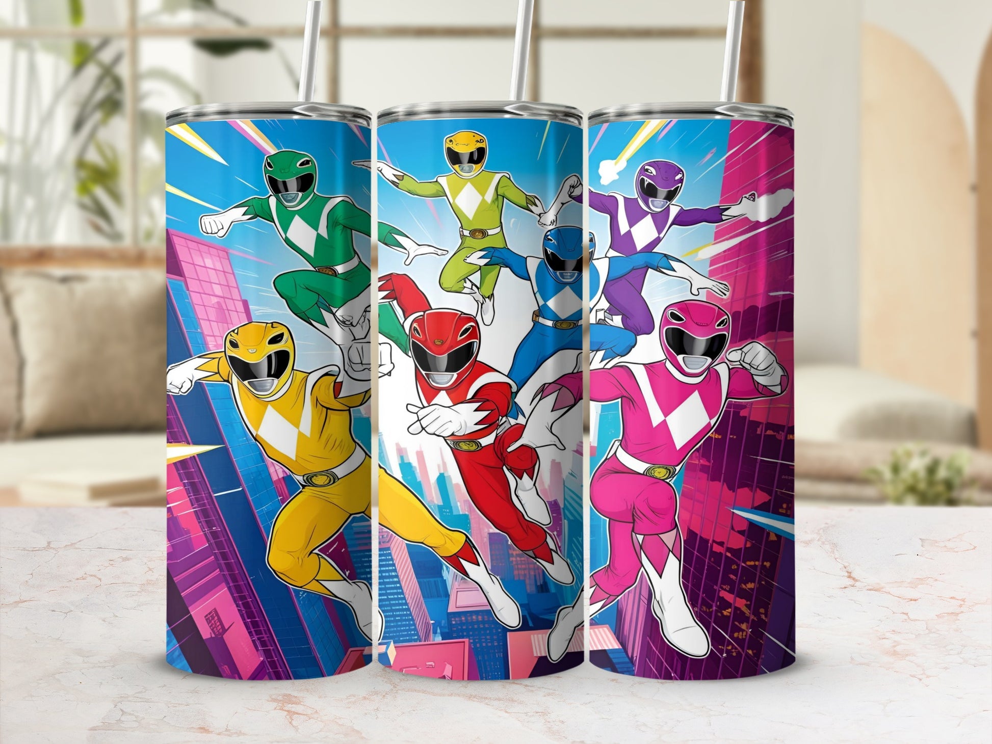 Power Rangers in action poses against a cityscape.