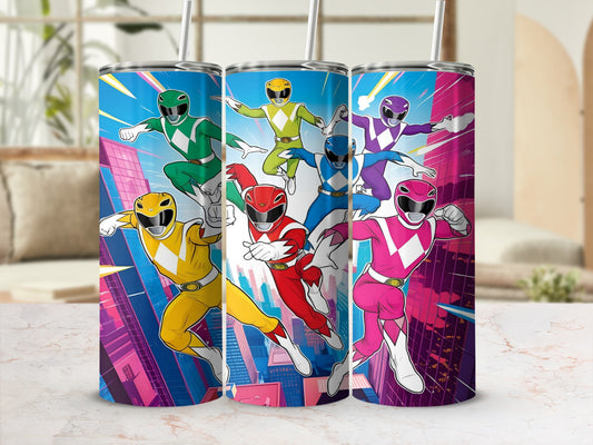 Power Rangers in action poses against a cityscape.