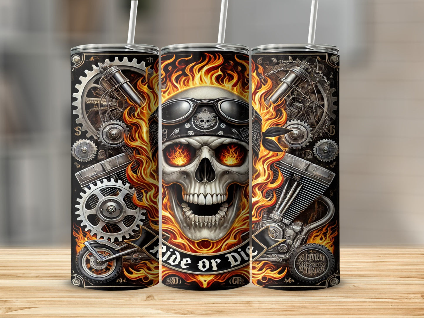 Ride or Die Skull with Gears and Flames Tumbler