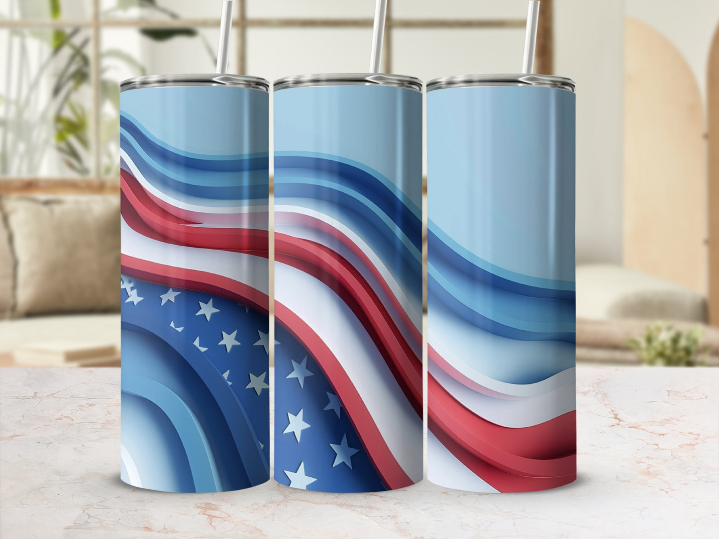 Three tumblers with patriotic stars and stripes pattern.