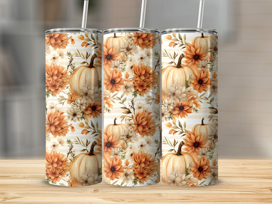 Three tumblers with pumpkins and floral autumn pattern.