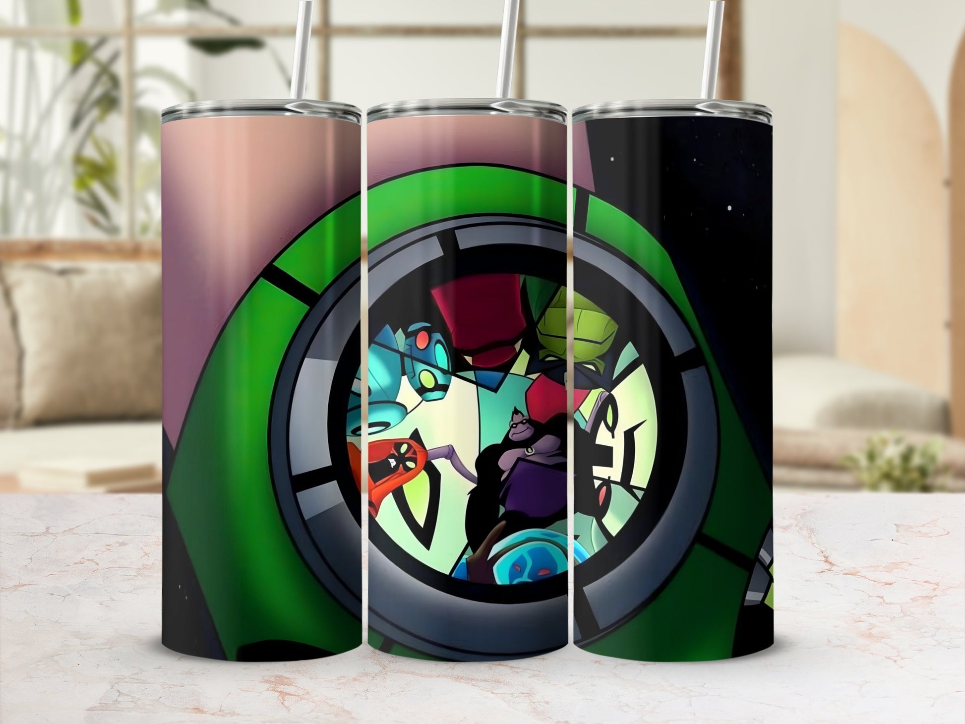 Colorful Alien Themed Tumbler with Straw Graphic Design