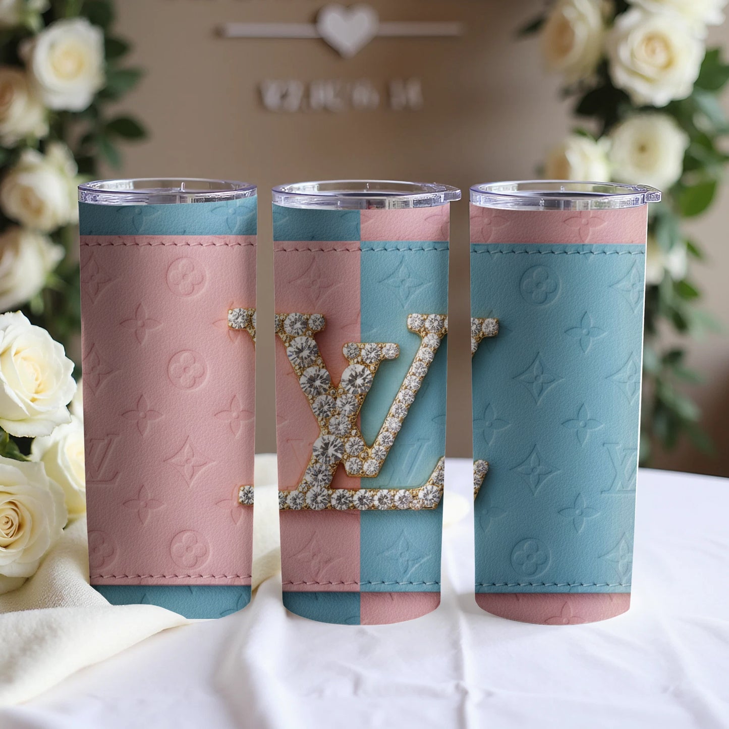 Pink and Blue Designer Tumbler with Embossed Monogram Pattern