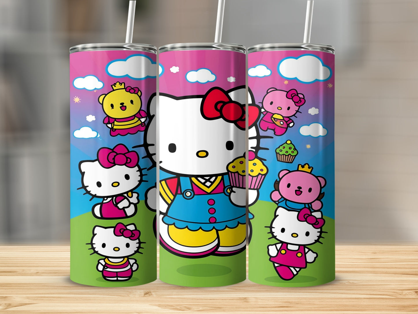Hello Kitty and friends with cupcakes on a pink tumbler.