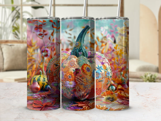 Triptych of tumblers with detailed floral and pumpkin autumnal designs.