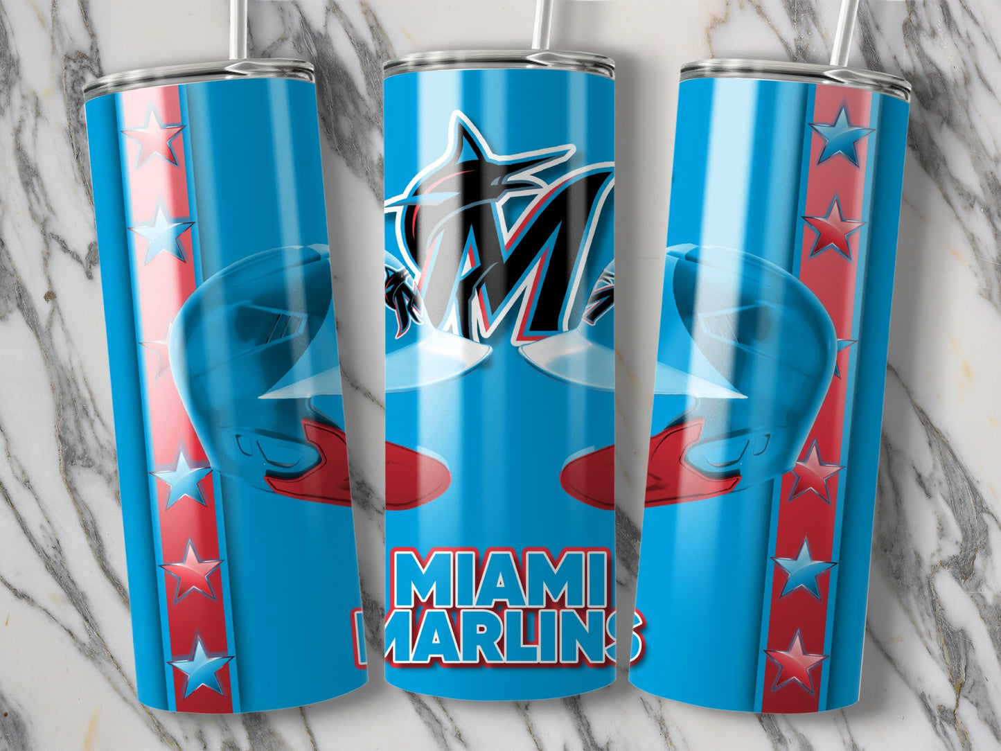 Miami Marlins Helmets Design On Blue Background Tumblers