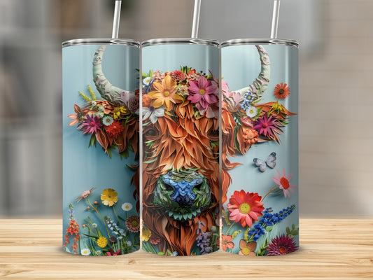 Highland cow with floral headdress, butterflies, and green patterned face.