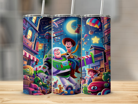 Toy Story characters Buzz Lightyear and Woody on a colorful, cartoonish street scene.
