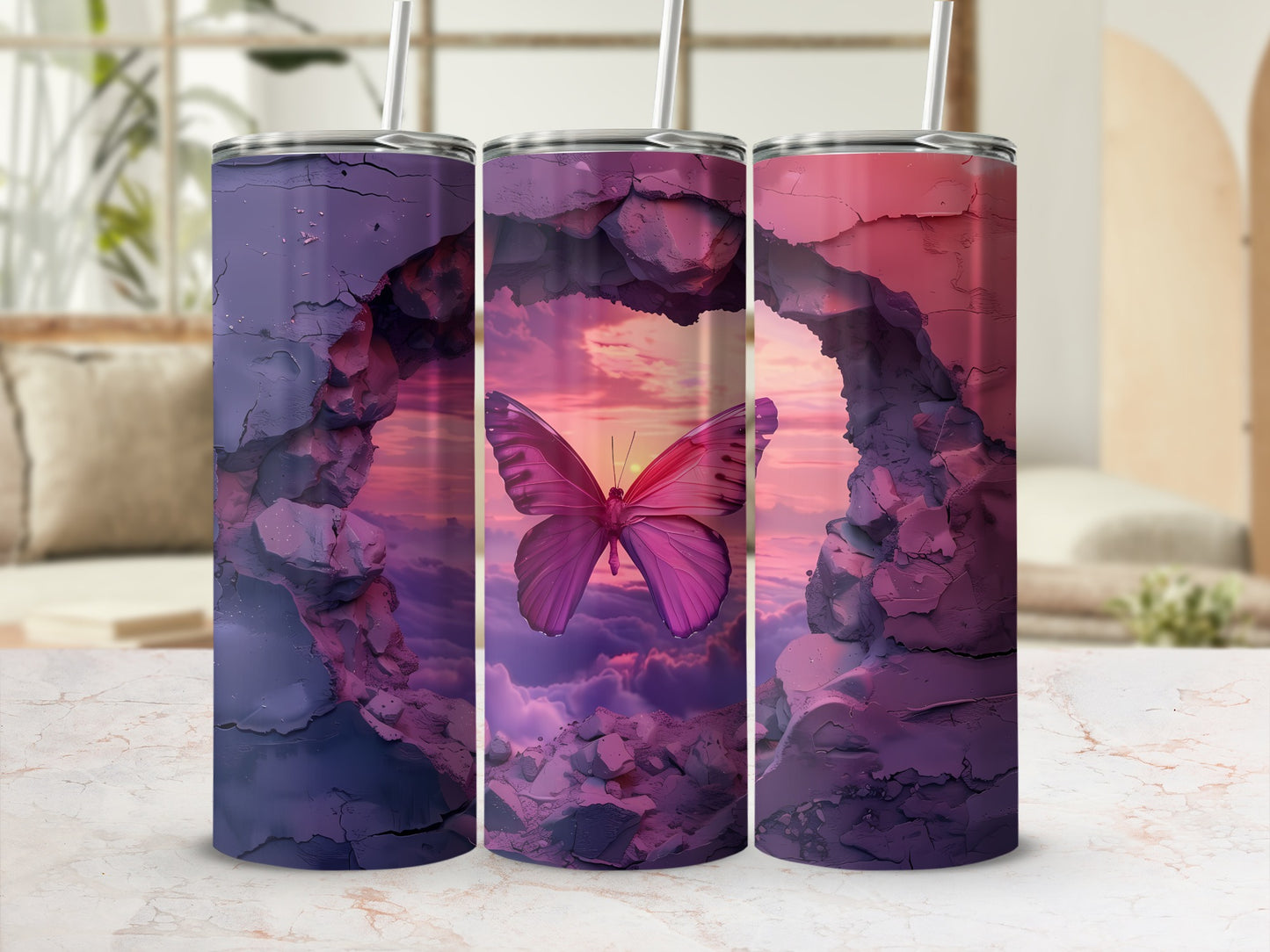 Pink butterfly flying through rocky archway on a tumbler.