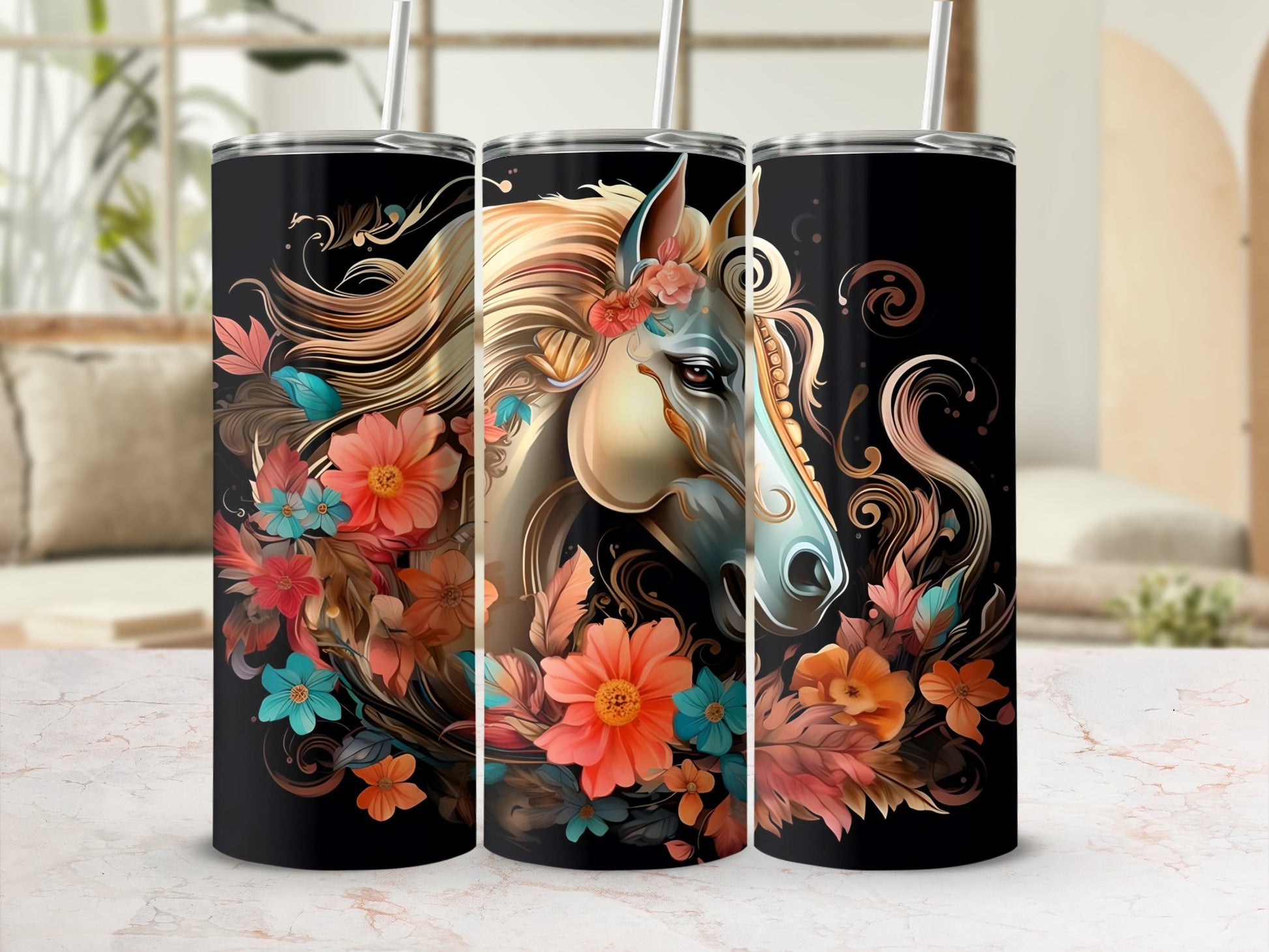 Elegant Floral Horse Design Insulated Tumbler Product