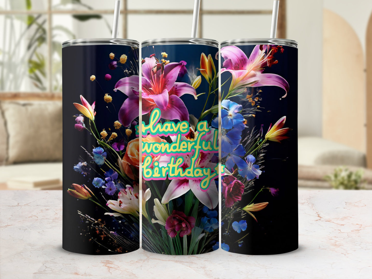 Tumbler with colorful floral design and "have a wonderful birthday" text.