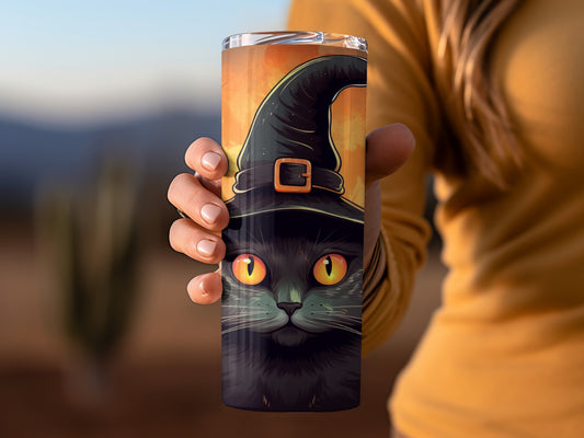 Halloween Black Cat with Witch Hat Tumbler Cup
