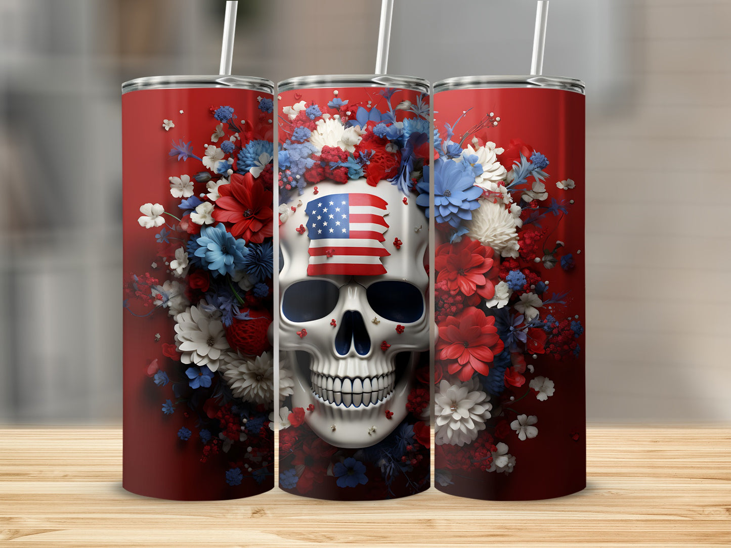 Skull with American flag adorned by red, white, and blue flowers.