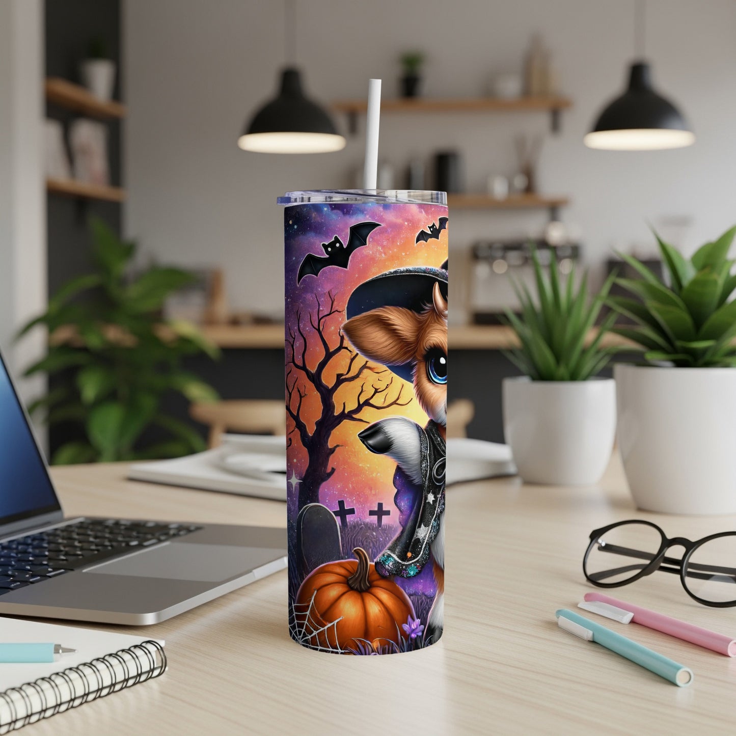 Halloween tumbler featuring a cartoon fox in a witch hat with bats and a pumpkin.