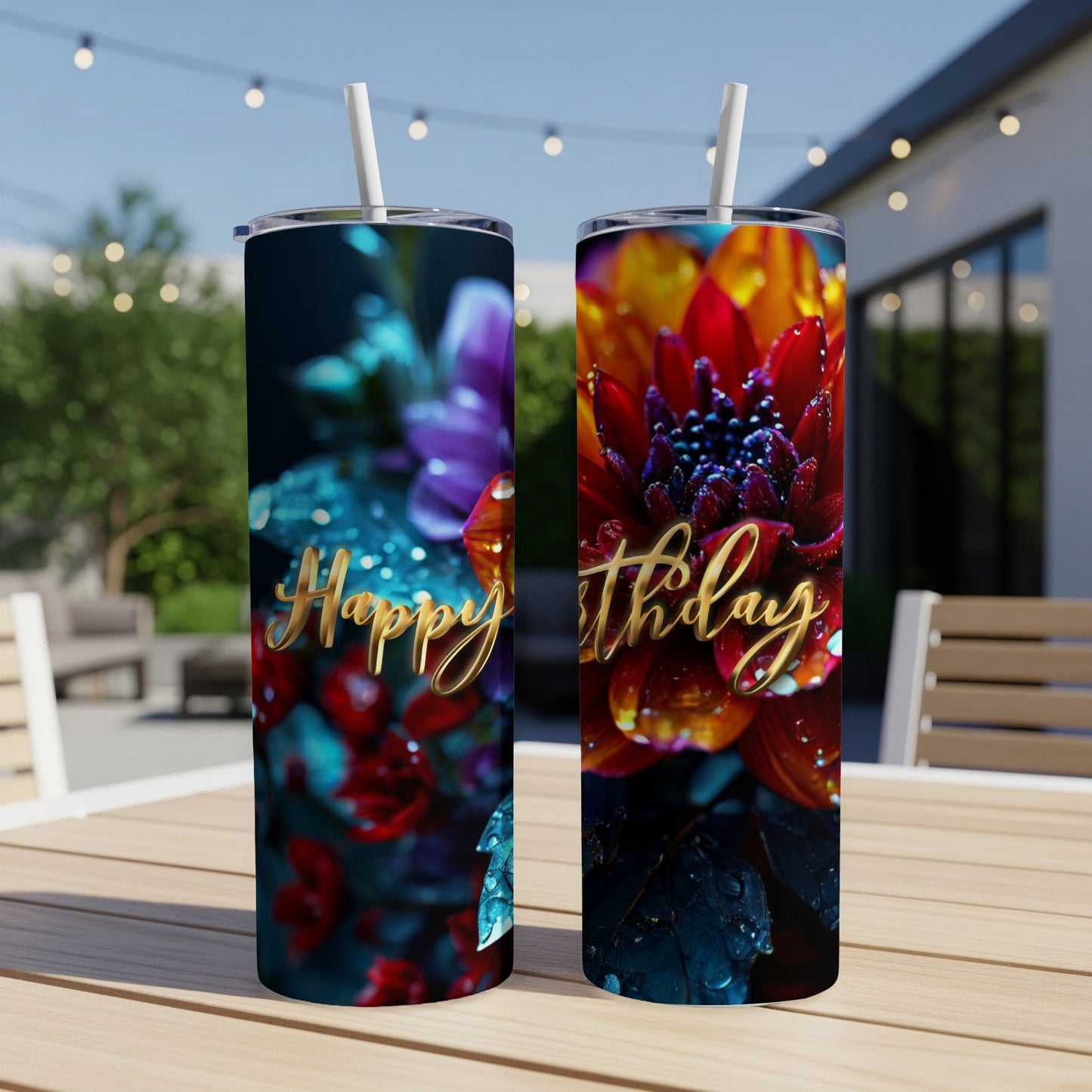 Two tumblers featuring "Happy Birthday" text with vibrant floral designs.