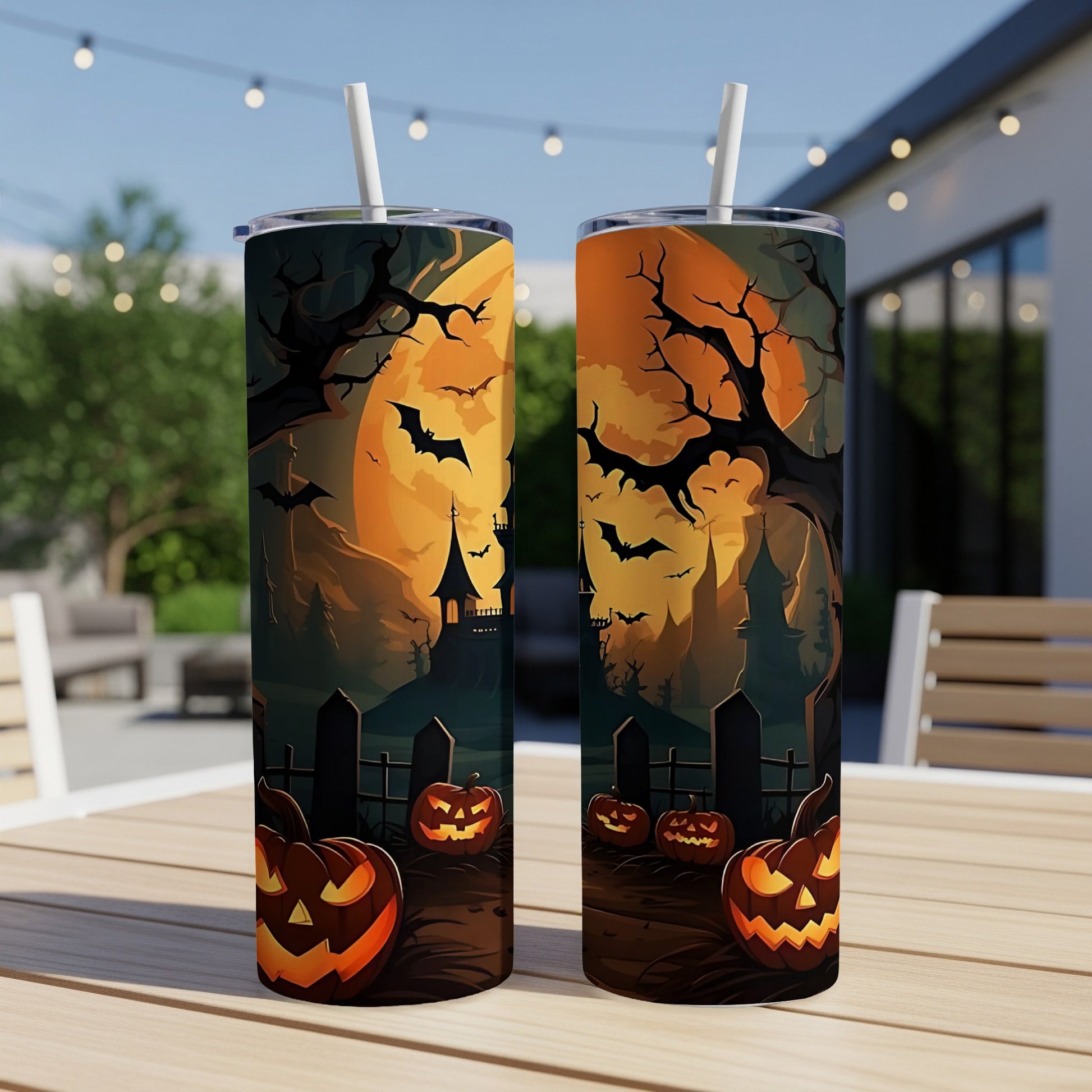Two Halloween tumblers with a spooky scene of jack-o'-lanterns, bats, and a haunted castle.