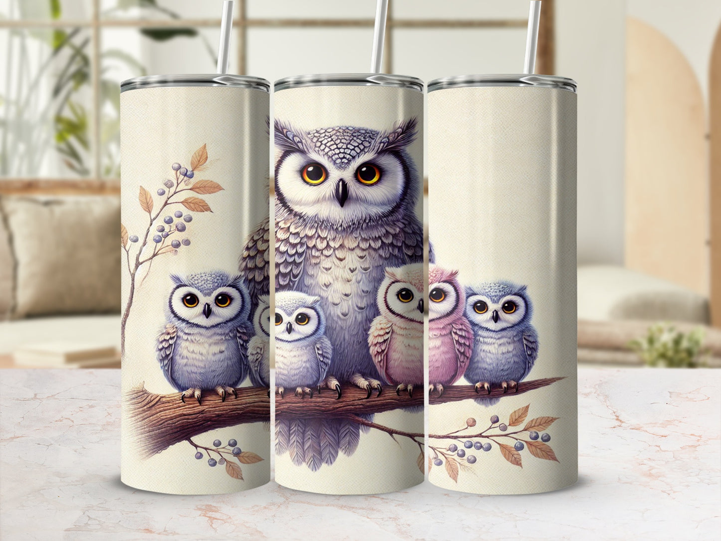 Cute Owl Family Illustration Insulated Tumbler Cup