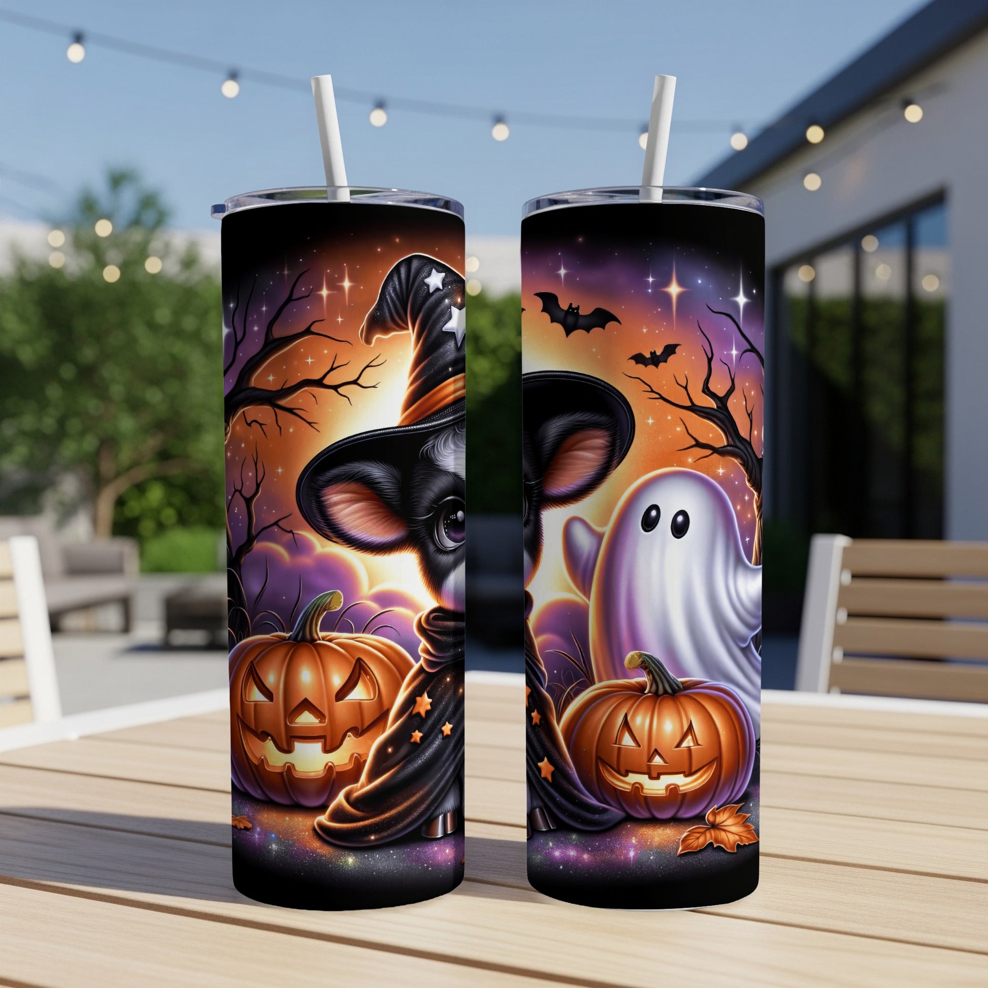 Two Halloween tumblers with a cow, ghost, and pumpkins on a table.