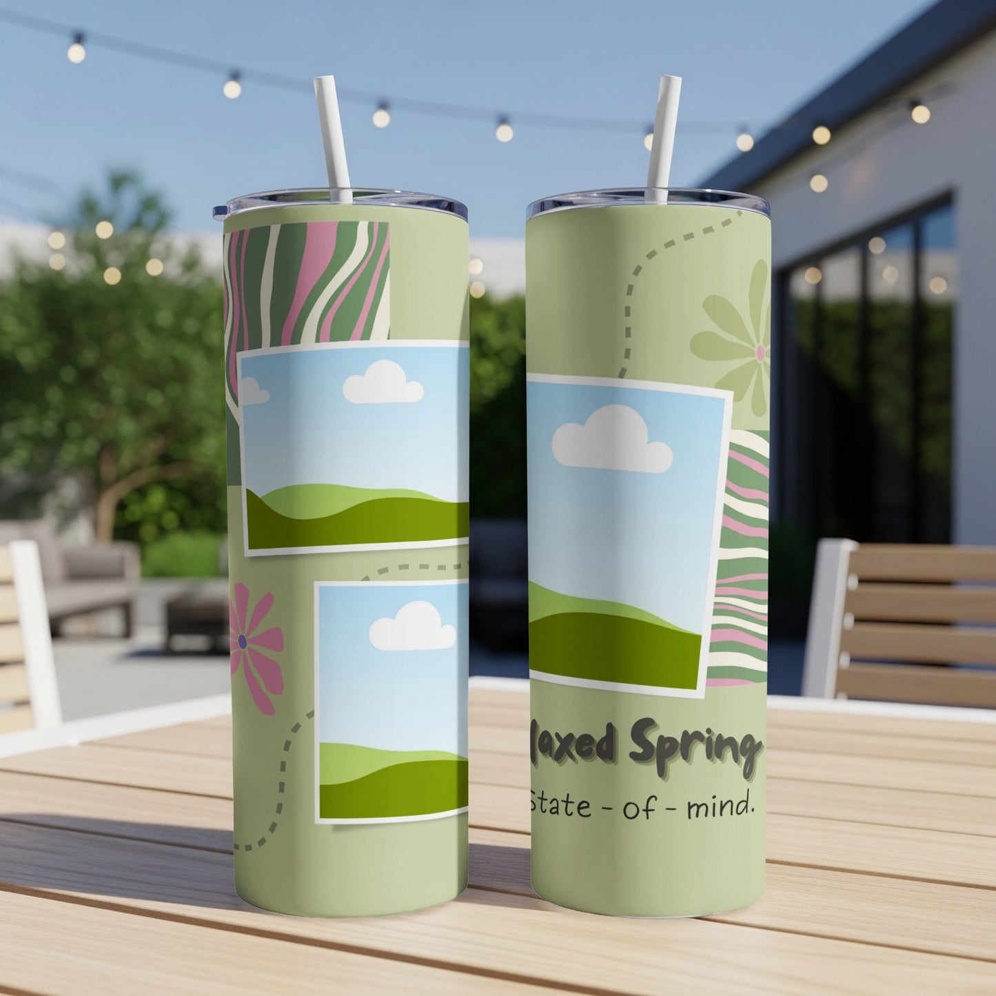 Green tumblers with a patchwork design and the text "Relaxed Spring - state of - mind."
