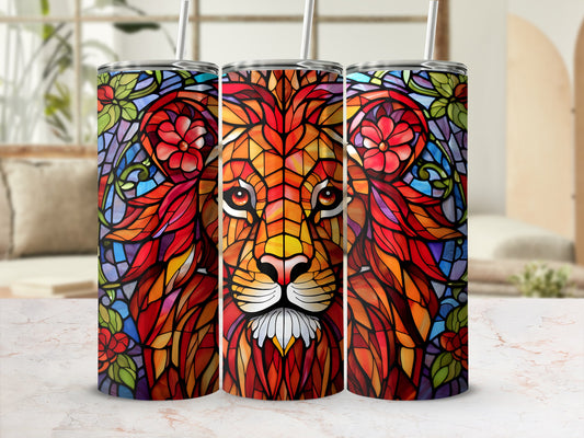 Triptych of stained glass-style lion face tumblers with colorful floral accents.