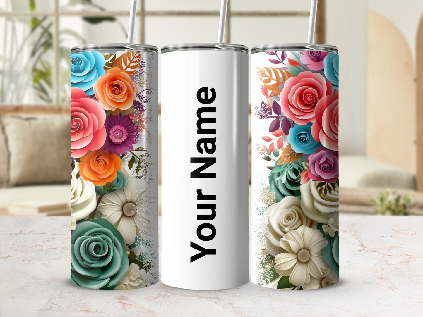 Personalized Floral Design Tumbler with Your Name Option