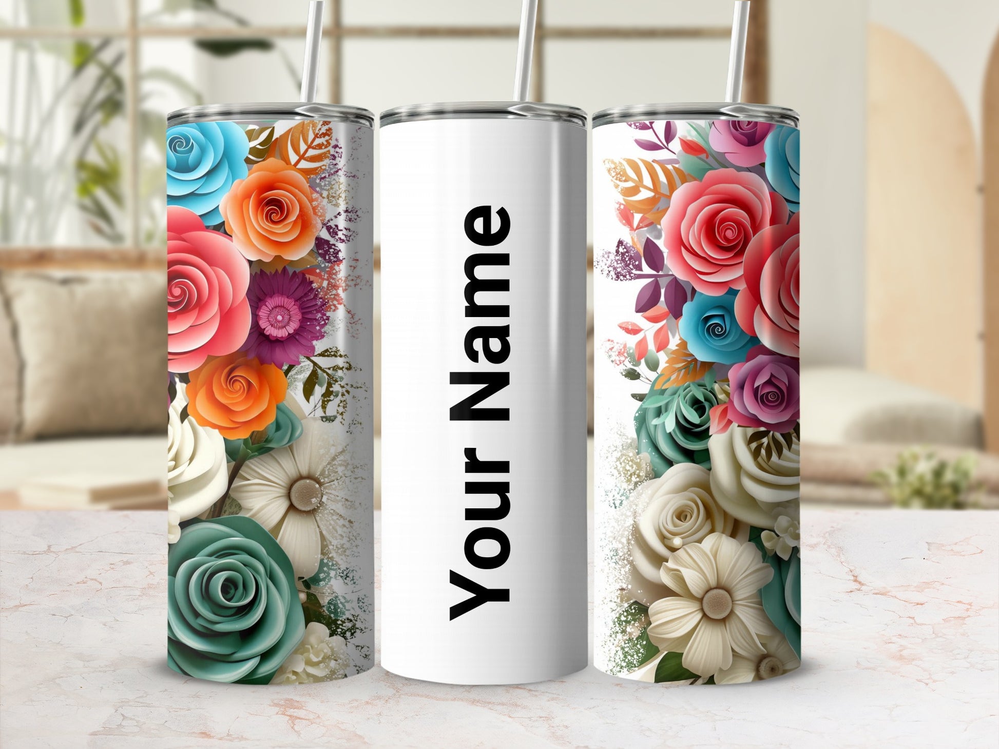Personalized Floral Design Tumbler with Your Name Option