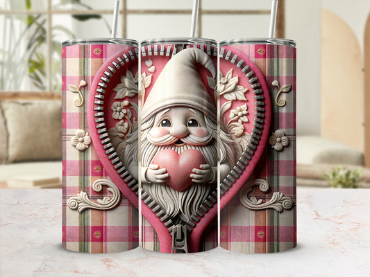 Pink plaid tumbler with zipper revealing a gnome holding a heart.