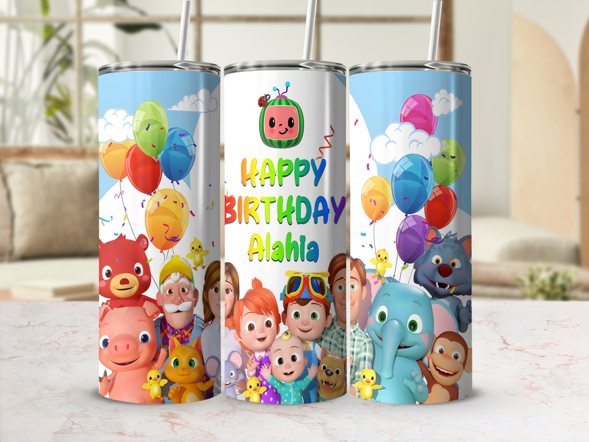 Cocomelon birthday tumbler with characters, balloons, and "Happy Birthday Alahla" text.