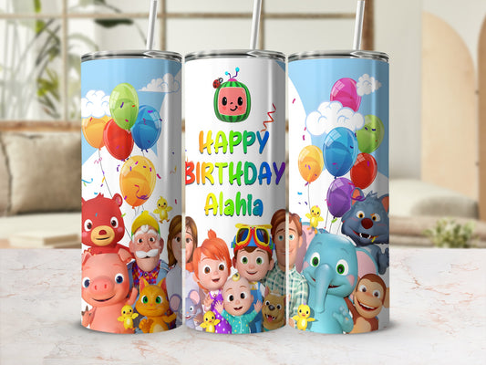 Cocomelon birthday tumbler with characters, balloons, and "Happy Birthday Alahla" text.