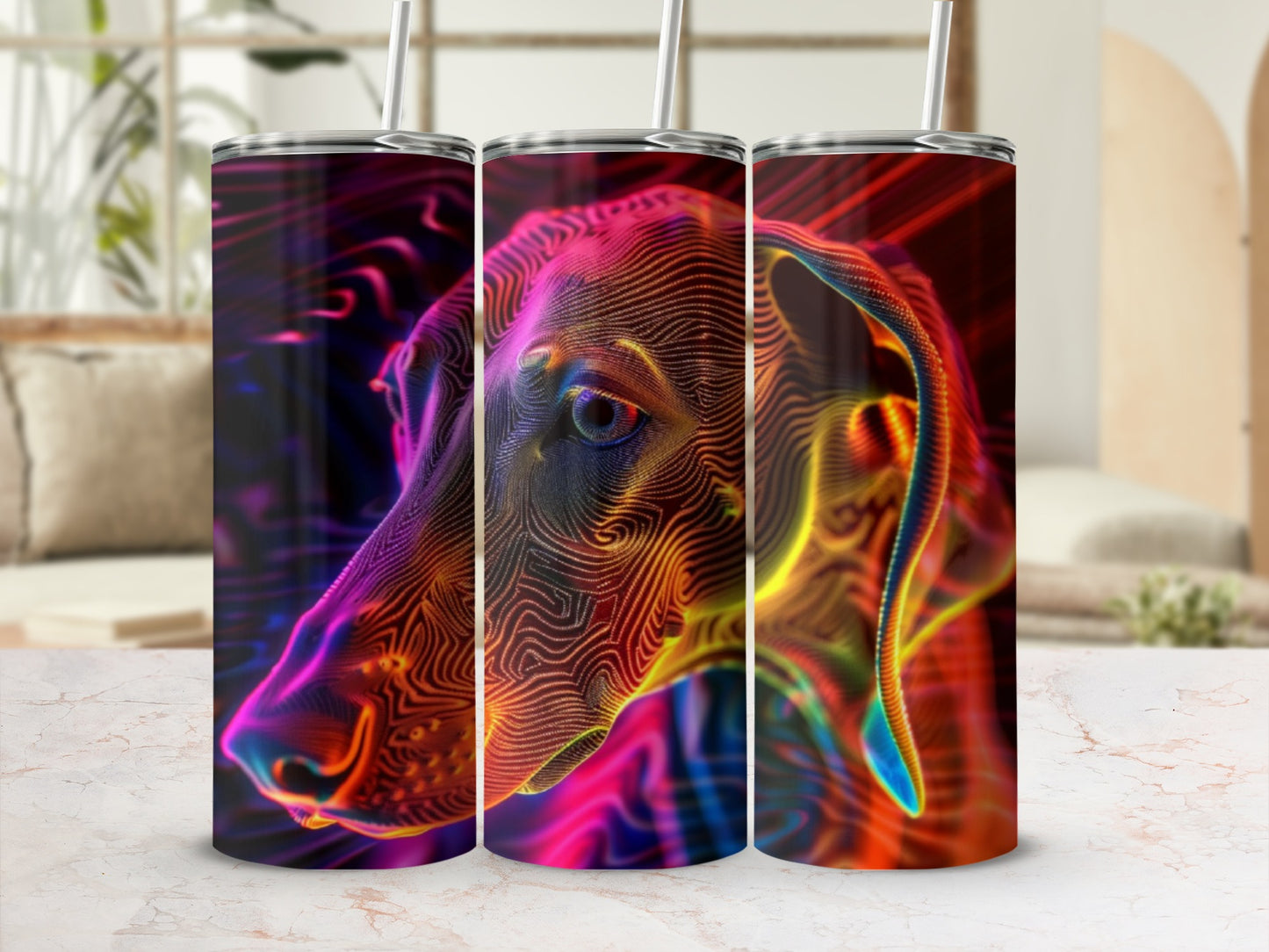 Three tumblers featuring a colorful, abstract dog portrait.