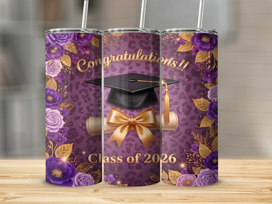 Graduation tumbler with "Congratulations!! Class of 2026" and floral design.