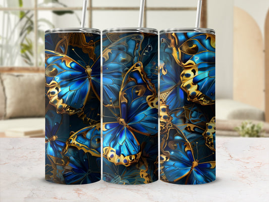 Three tumblers with a close-up blue and gold butterfly pattern.