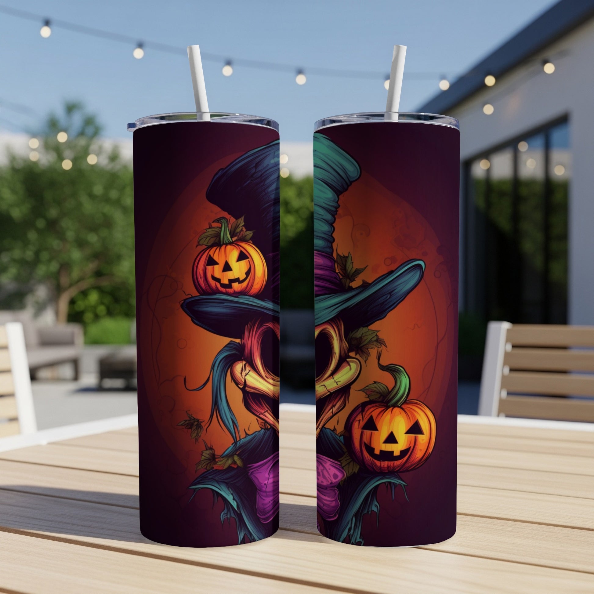 Two tumblers with a spooky Halloween scarecrow and jack-o'-lantern design.