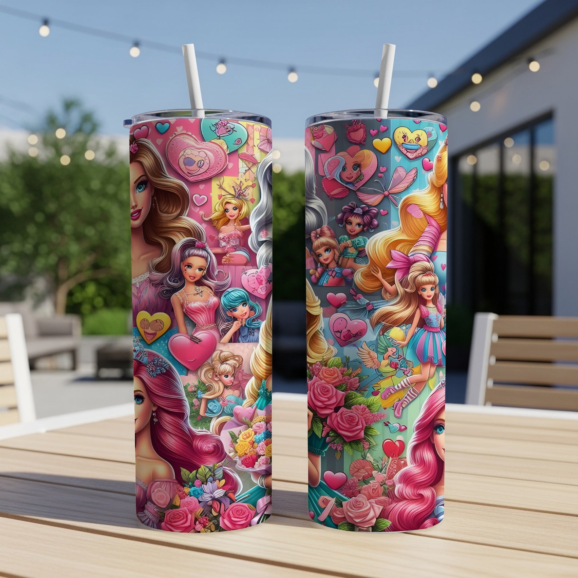 Two tumblers with Barbie-themed designs featuring dolls, hearts, and flowers.