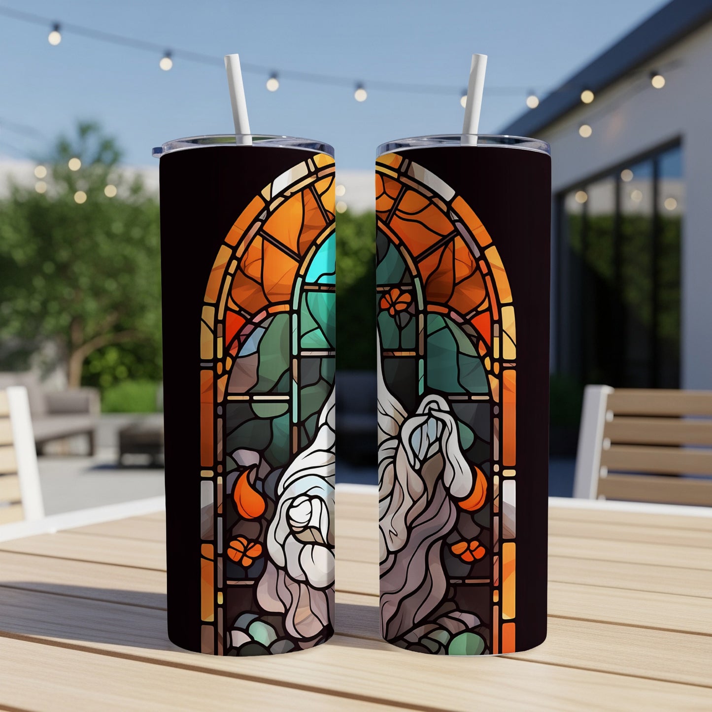 Stained glass gnome with ornate arch, on a black background.