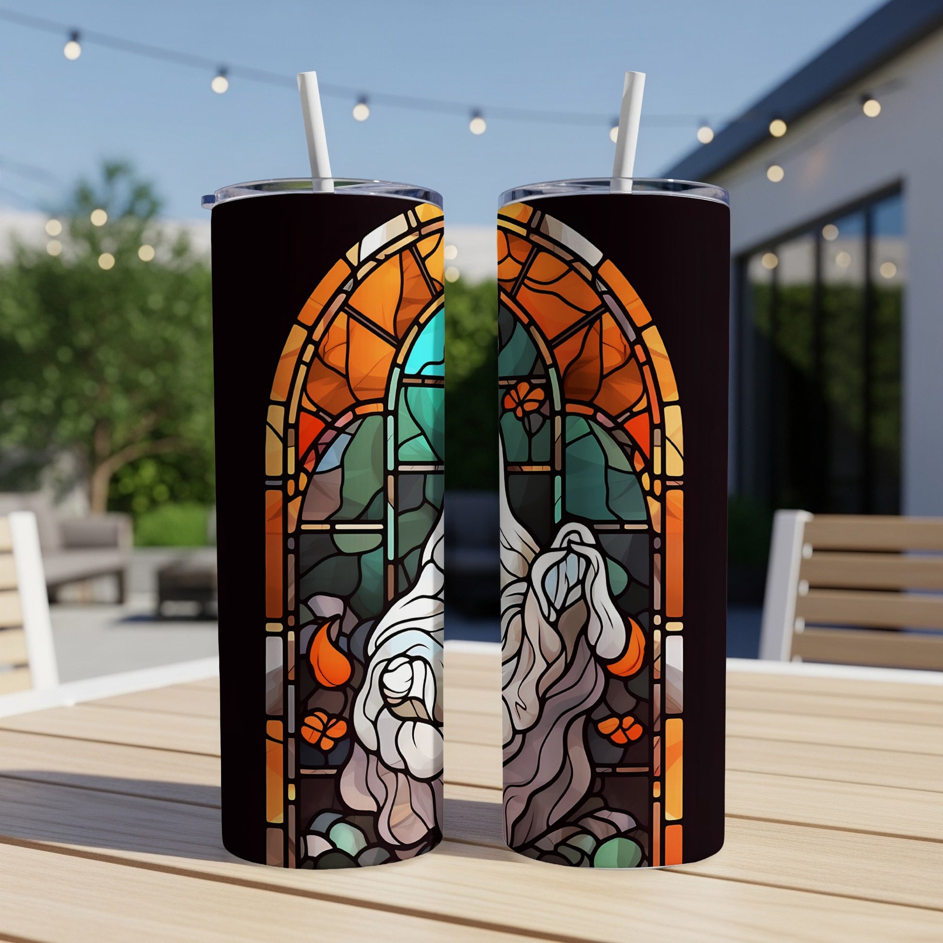 Stained glass gnome with ornate arch, on a black background.